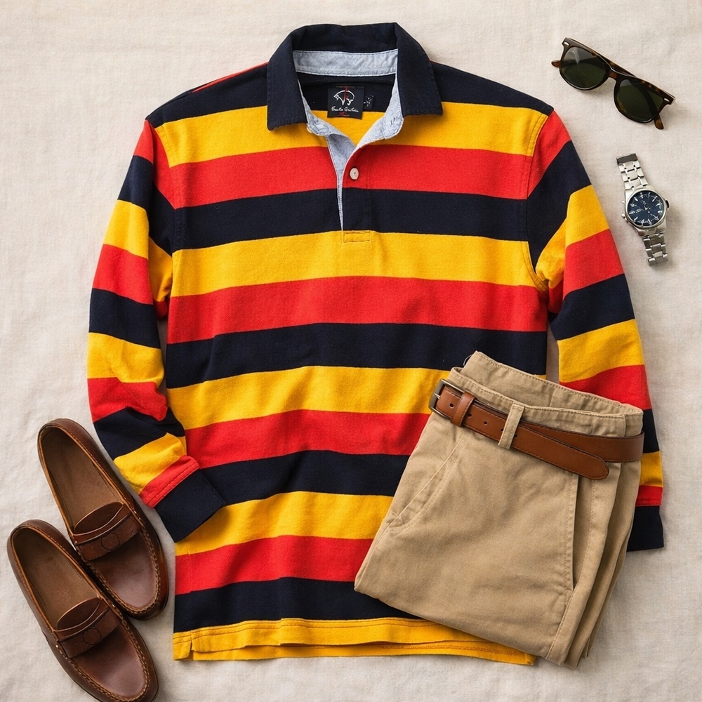 Brooks Bros Vtg Striped Rugby Long Sleeve Polo Shirt. Red Blue Orange Mens Large